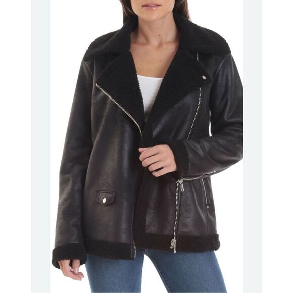 Avec Les Filles Motorcycle Faux Shearling Biker Jacket - Picture 1 of 5